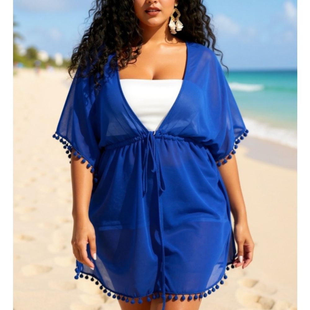 Swimsuit cover up Blue w pompom coverup beach waist drawstring New Boutique